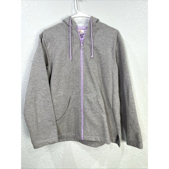 Quacker Factory Zip Up Fleece Lined Sweater Sz S Gray Hooded Bedazzle Activewear - Picture 1 of 7
